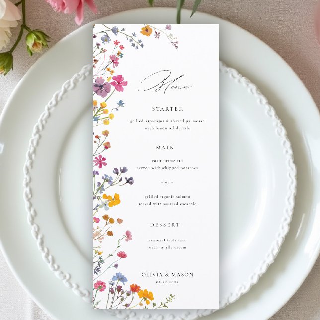 Trädgård med vilda blommor Modern blomster Elegant Meny (wildflower wedding menu watercolor garden backyard barn summer spring elegant trendy stylisyh)