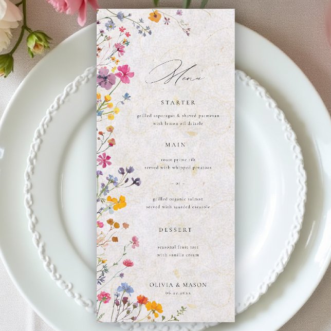 Trädgård med vilda blommor Modern Blush Rosa Bröll Meny (wildflower wedding menu watercolor garden backyard barn summer spring elegant blush pink)