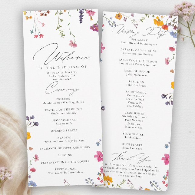 Trädgård med vilda blommor Modern Elegant Bröllops (wildflower wedding program watercolor garden backyard barn summer spring elegant stylish romantic)