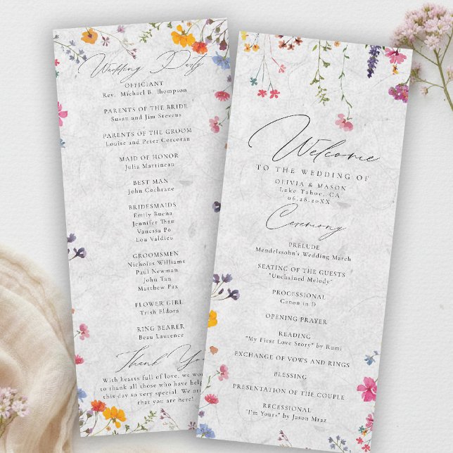 Trädgård med vilda blommor Modern Elfenbensvit Brö (wildflower wedding program watercolor garden backyard barn summer spring elegant romantic ivory)
