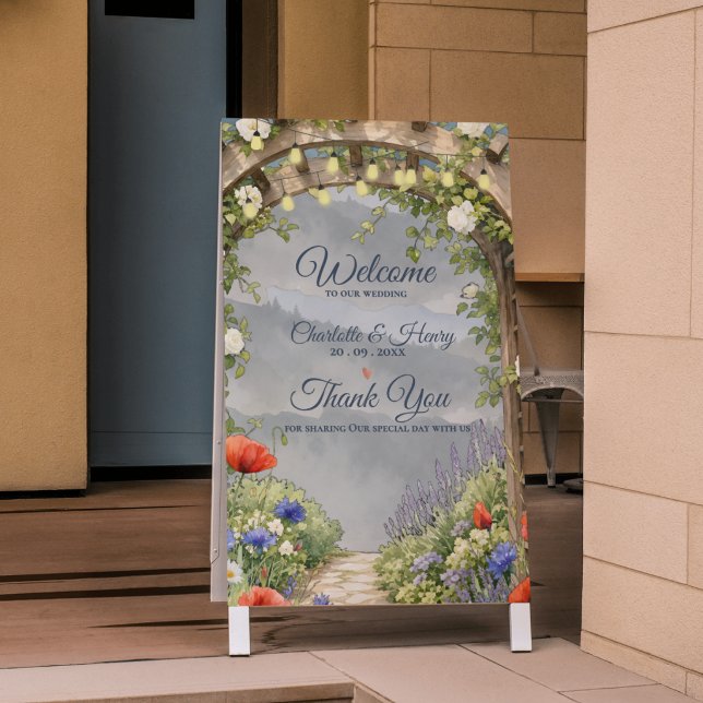Trädgård med vildblommor och lövhydda, rustik utom poster (Wildflower Garden Arbor Wedding Welcome Sign | Rustic Outdoor Ceremony Sign)