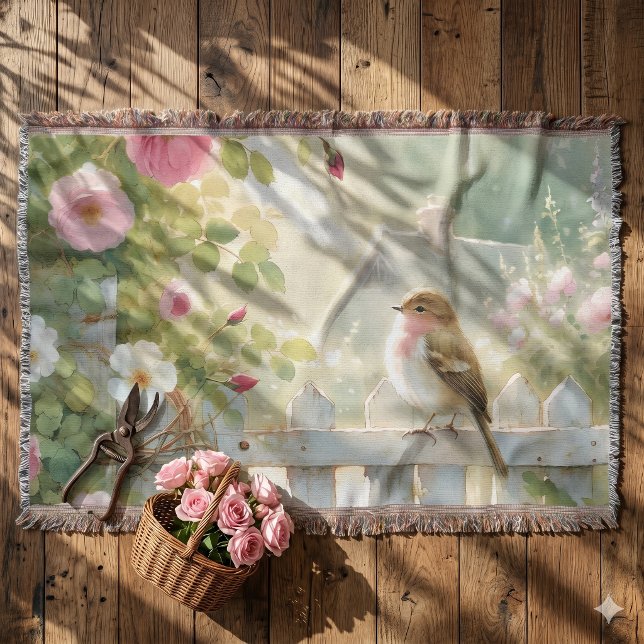 Trädgård Ros Fågel Akvariefärg Scen Filt (Garden Rose Bird Watercolor Scene Throw Blanket)