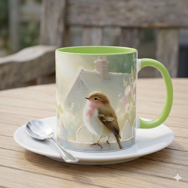 Trädgård Ros Fågel Akvariefärg Scen Mugg (Garden Rose Bird Watercolor Scene Mug)