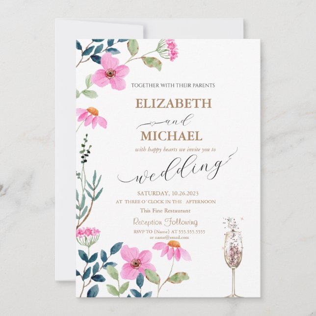 Trädgård Rosa Blommor Champagne Glas Bröllop Inbjudningar (Framsida)