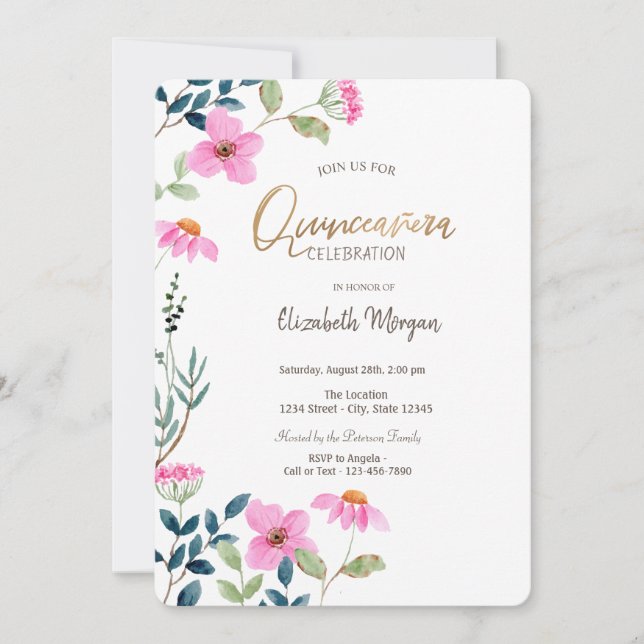 Trädgård rosa blommor Quinceañera  Inbjudningar (Framsida)