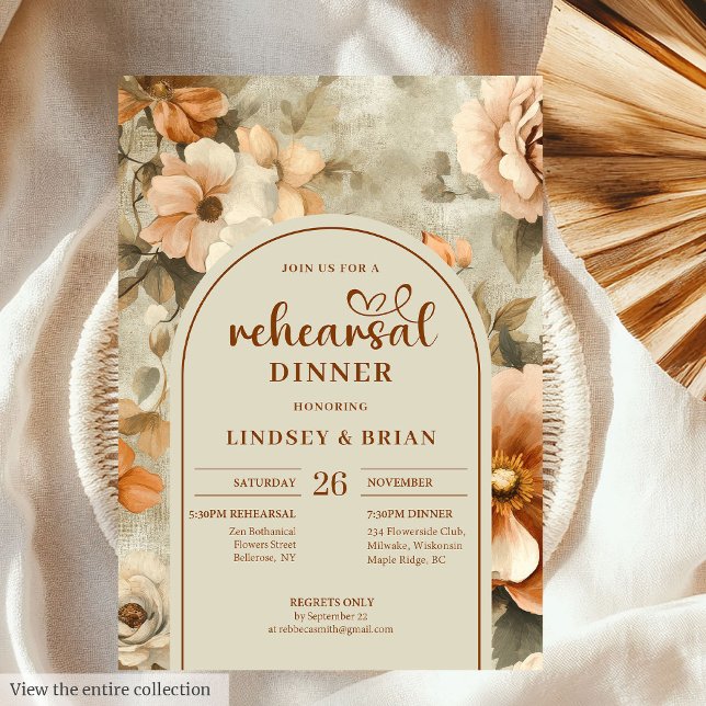Trädgård Rost Elfenben Blommig Övningsinbjudan Inbjudningar (Garden Rust Ivory Floral Rehearsal Invitation)