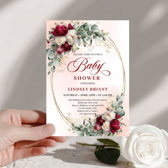 Trädgård Rustika Röda Peonies Baby Shower Inbjudan (Garden Rustic Maroon Peonies Baby Shower Invitation)