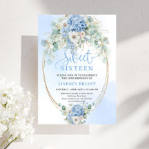 Trädgård Skript Blå Blommig Guld Sweet 16 Födelsed
