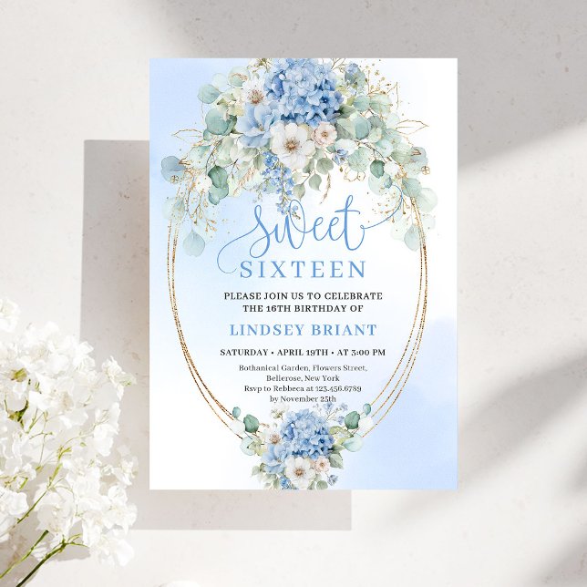 Trädgård Skript Blå Blommig Guld Sweet 16 Födelsed Inbjudningar (Garden Script Blue Floral Gold Sweet 16 Birthday Invite)