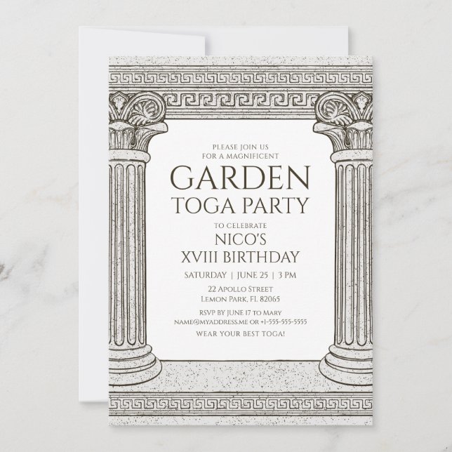 Trädgård Toga Party-inbjudan med stenkolonner Inbjudningar (Framsida)