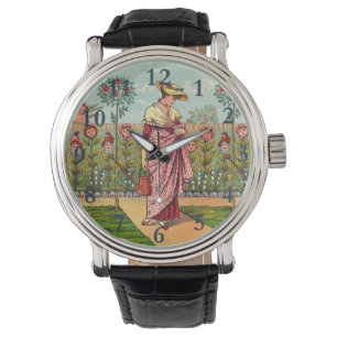 Trädgård Växa Blomma Kvinna Konst Antik Armbandsur