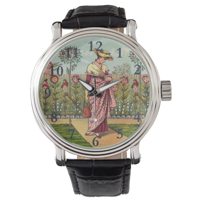 Trädgård Växa Blomma Kvinna Konst Antik Armbandsur (Framsida)