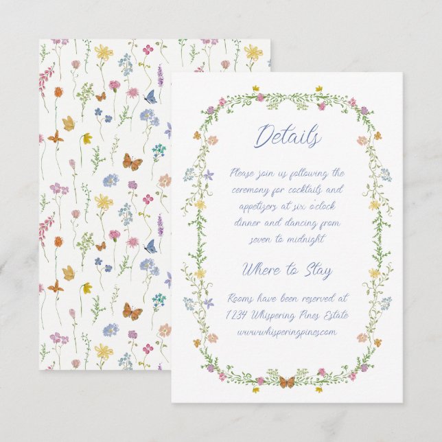 Trädgård Vildblomma Fjäril Brölloppsdetaljer Tilläggskort (Fram/baksida)