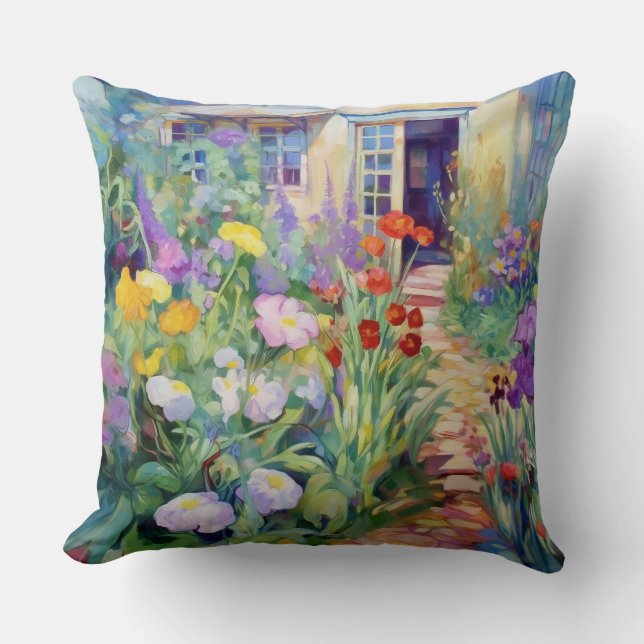 Trädgårdar med vattenfärg fyllda med blommor kudde (Framsida)