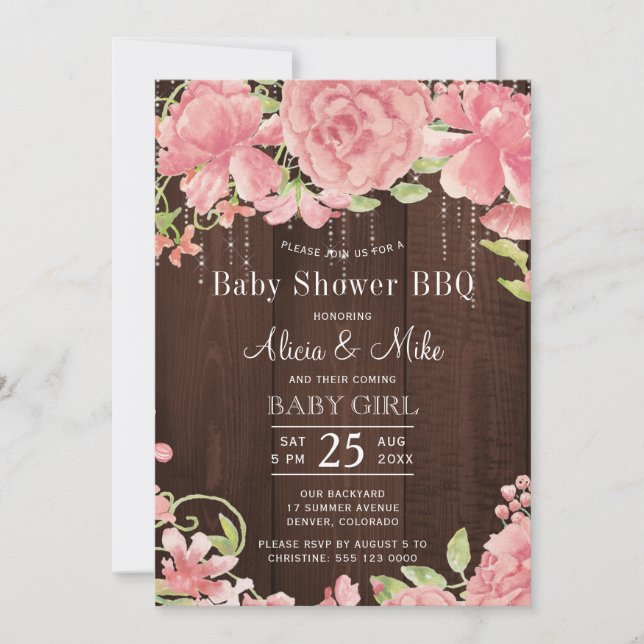 Trädgårds-BBQ baby shower rustic rosa litet barn p Inbjudningar (Framsida)