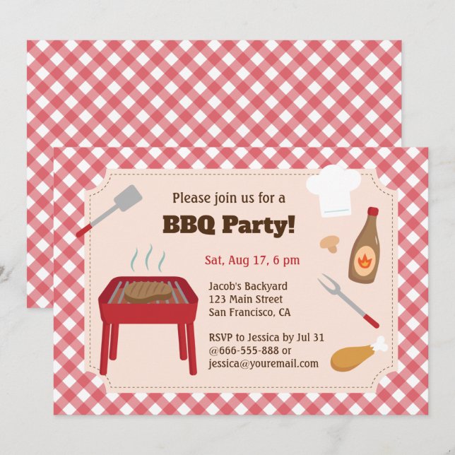 Trädgårds-BBQ-fest Röd Rutig Mönster Inbjudningar (Fram/baksida)