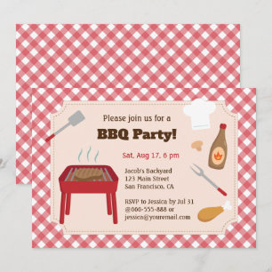 Trädgårds-BBQ-fest Röd Rutig Mönster Inbjudningar