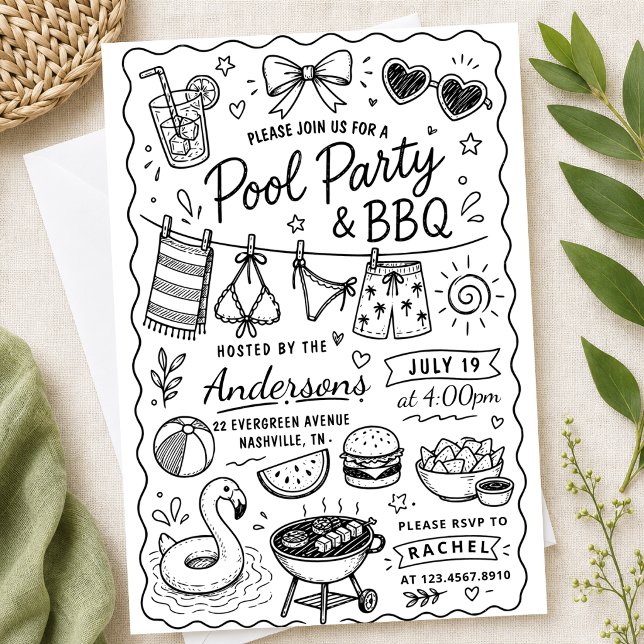 Trädgårds-BBQ-fest sommar handritad doodle rustik Inbjudningar (Skapare uppladdad)