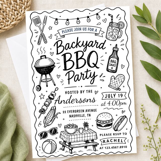 Trädgårds BBQ-fest sommar handritad doodle rustik Inbjudningar (Skapare uppladdad)
