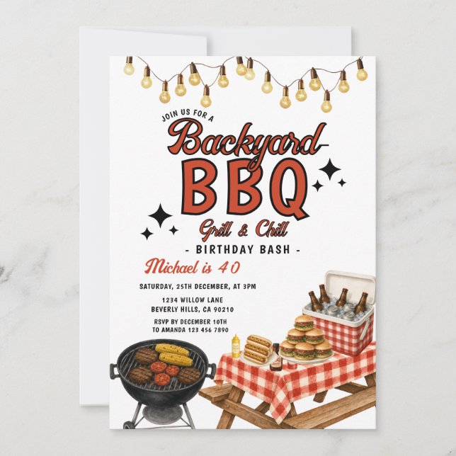 Trädgårds BBQ Grill & Chill Födelsedagsfest utomhu Inbjudningar (Framsida)