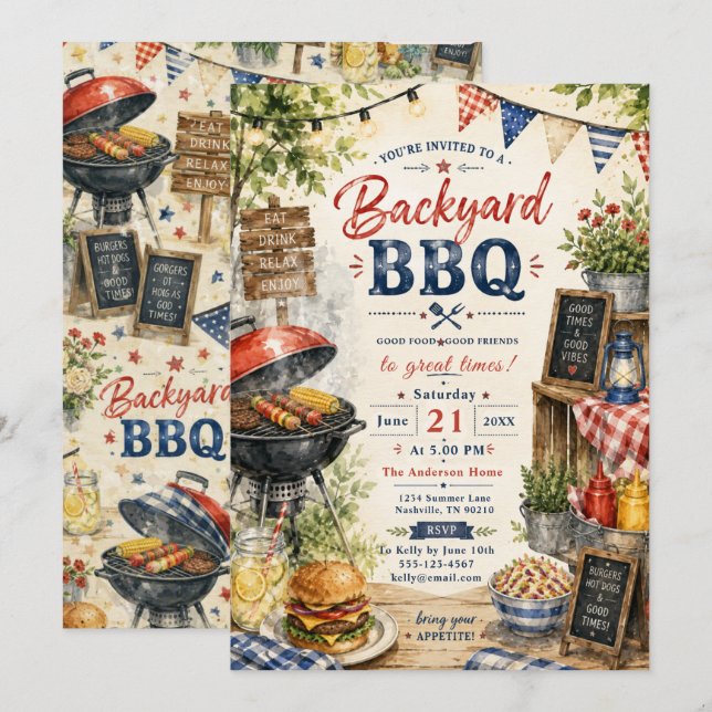 Trädgårds-BBQ-sommarfest Inbjudningar (Fram/baksida)