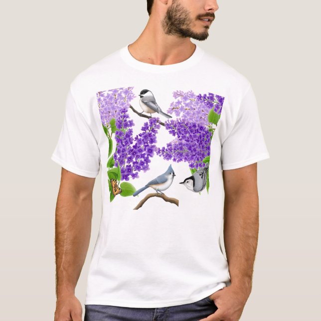 Trädgårds- fåglar för trädgård i lilaskjorta tee shirt (Framsida)