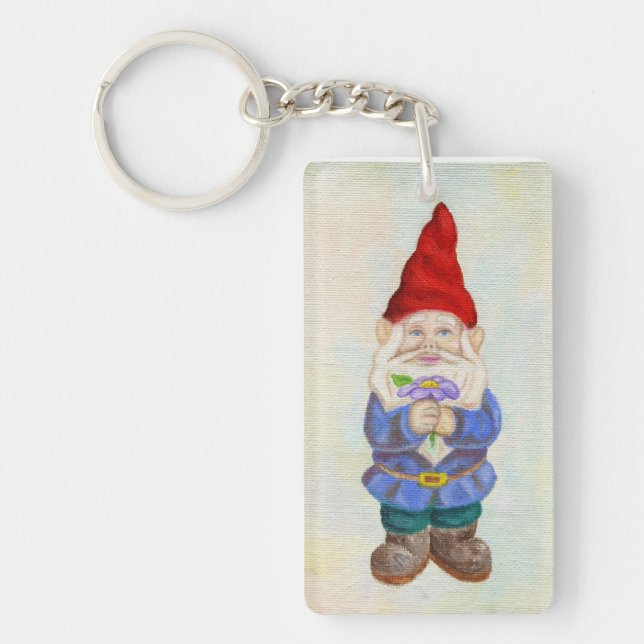 Trädgårds- Gnome med blommakeychain Nyckelring (Framsidan)