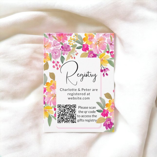 Trädgårds ljus blomster vattenfärg bröllopspresent tilläggskort (Garden bright floral watercolor bridal registry qr enclosure card)