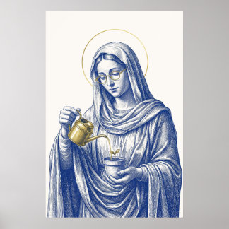 Trädgårds Madonnan med guldbågade glas som vattnar Poster