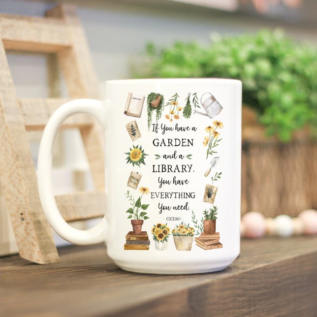 Trädgårds- och bibliotekscitat Solros och örter Kaffemugg (Lifestyle photo)