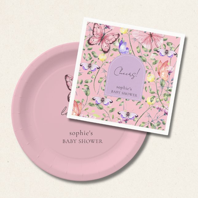 Trädgårds Rosa Fjäril Lavendel Båge Baby Shower Pappersservett (Skapare uppladdad)