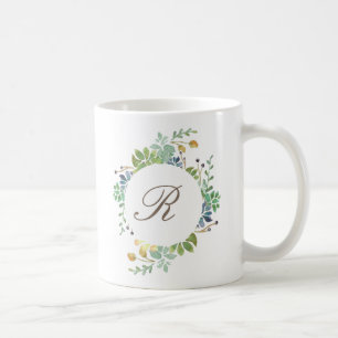 Trädgårds- vattenfärg initial för suckulent kaffemugg