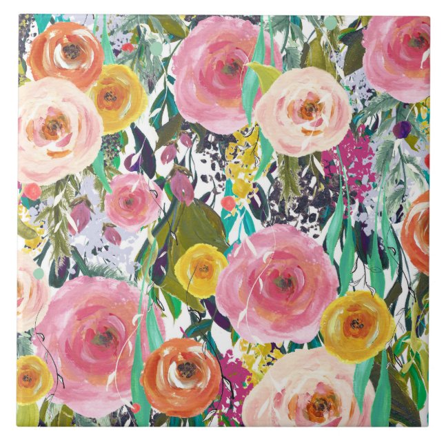 Trädgårds- vattenfärgblommor för romantiker kakelplatta (Framsidan)