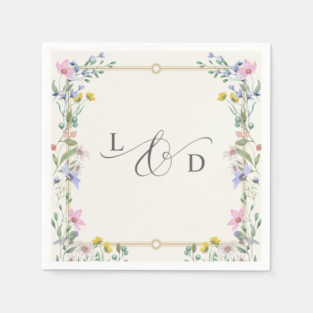 Trädgårds vilda blommor blomster monogram bröllop pappersservett (Framsidan)