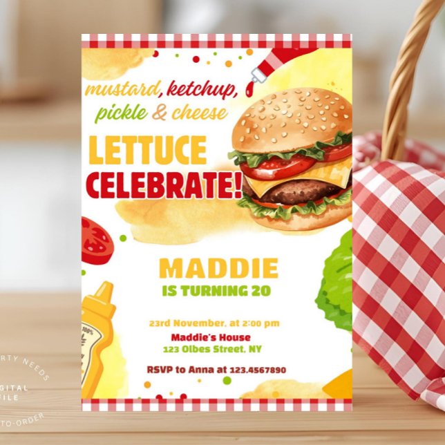 Trädgårdsbakfest med Burger Gingham Avslappnad Gri Inbjudningar ( backyard burger party, bbq party invitation, burger birthday party invite,summer family annual barb)