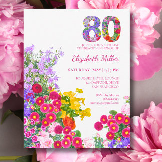 Trädgårdsblommig 80-årsfest inbjudan vykort