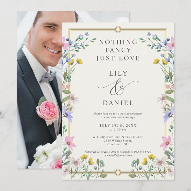 Trädgårdsblommig fotoelopementsreception Bröllop Inbjudningar (Fram/baksida)