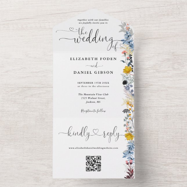 Trädgårdsblommig QR-kod Hjärtan Script Bröllop (Insida)