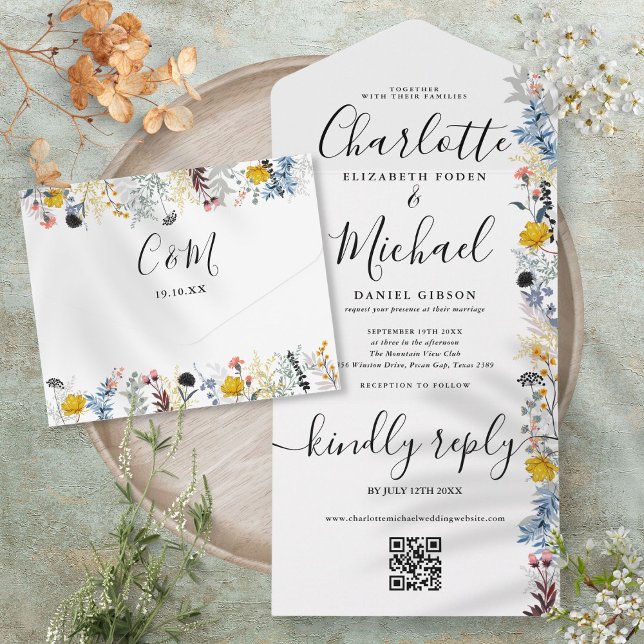 Trädgårdsblommig QR-kod Signatur Skript Bröllop (Garden Floral QR Code Signature Script Wedding All In One)