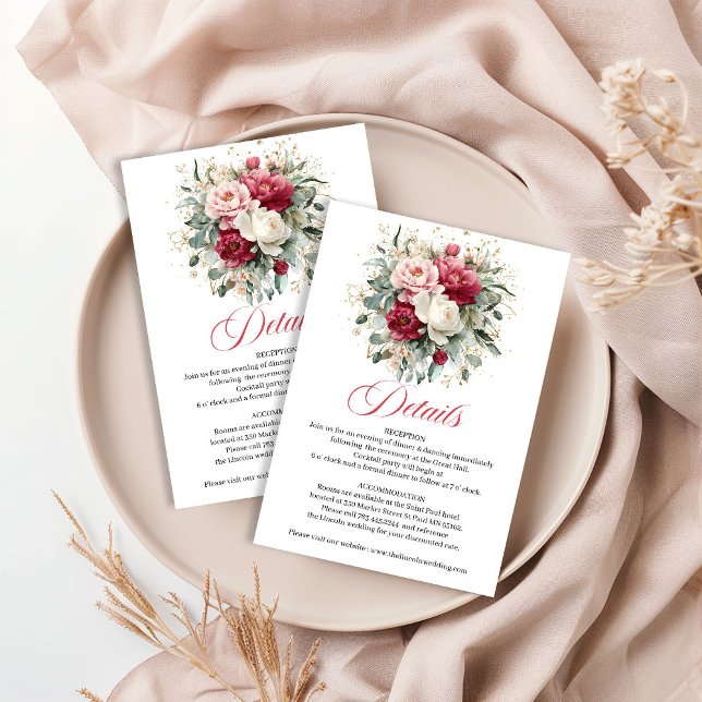 Trädgårdsblommig rosé Burgunderröd bröllopsdetalje Tilläggskort (Garden Floral Blush Burgundy Wedding Details)