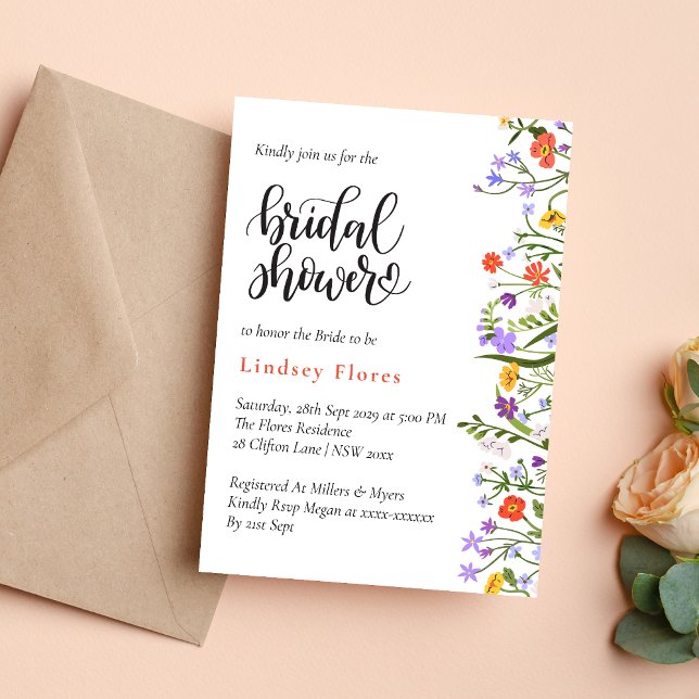 Trädgårdsblommor Botanisk Skrift Bröllopsdusch Inbjudningar (Garden flowers botanical script invitation creates a fresh, elegant bridal shower tone)