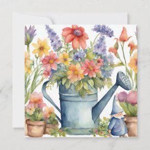 Trädgårdsblommor och vattenkanna akvarell kort