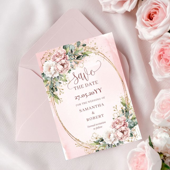 Trädgårdsbohem Blush Rosa Blommor Spara Datumet (Garden Bohemian Blush Pink Flowers Save The Date)