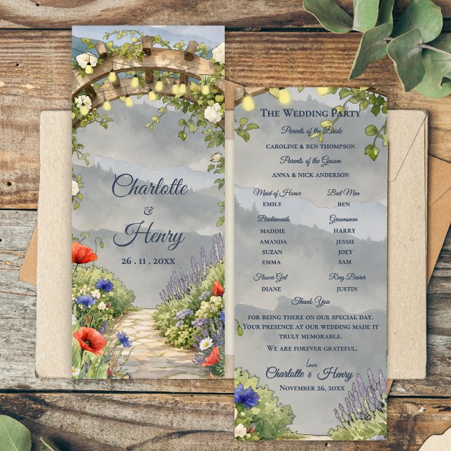 Trädgårdsbröllopsprogram med vildblommor och lövgå inbjudningar (Wildflower Garden Arbor Rustic Outdoor Wedding Ceremony Program)