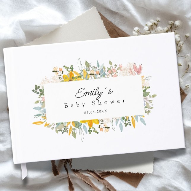 Trädgårdscharm med vilda blommor | Barnkalas Gästböcker (Wildflower Garden Charm | Custom Baby Shower Guest Book with your Name & Date.)
