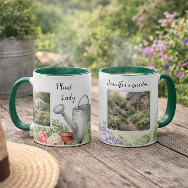 Trädgårdsdam personliga trädgårdsfoton trädgård mugg (Plant lady personal garden photos garden mug. You can add your own photos and name to personalize.)