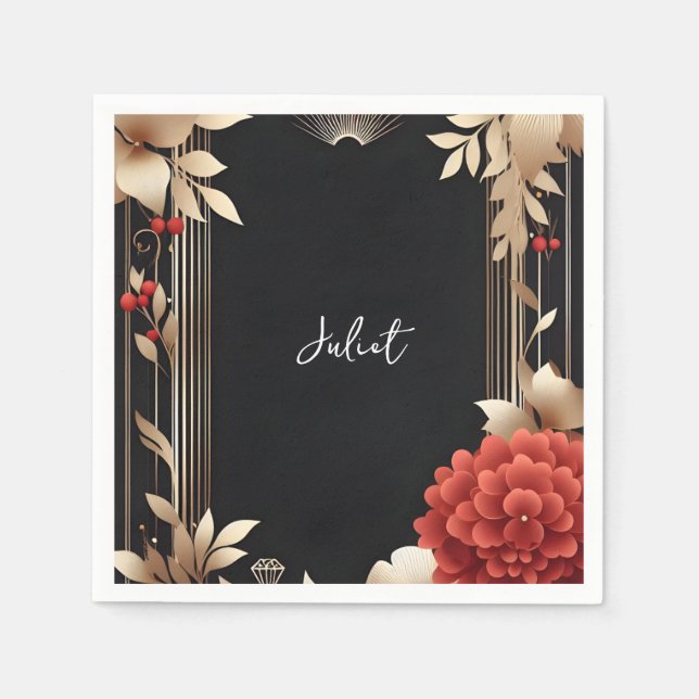 Trädgårdsdiamant Röd Svart Och Guld Bröllopsdusch Pappersservett (Framsidan)