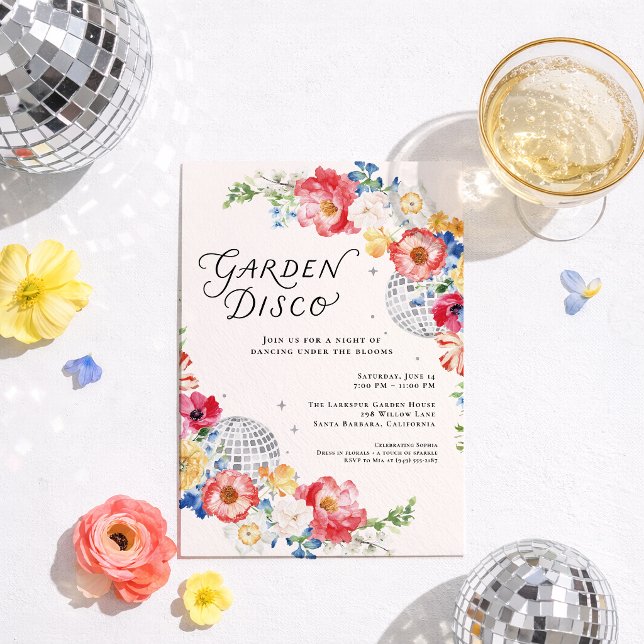 Trädgårdsdisco Blommig Festinbjudan Inbjudningar (Skapare uppladdad)