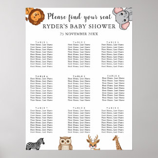 Trädgårdsdjur för baby shower sittplatskartor poster
