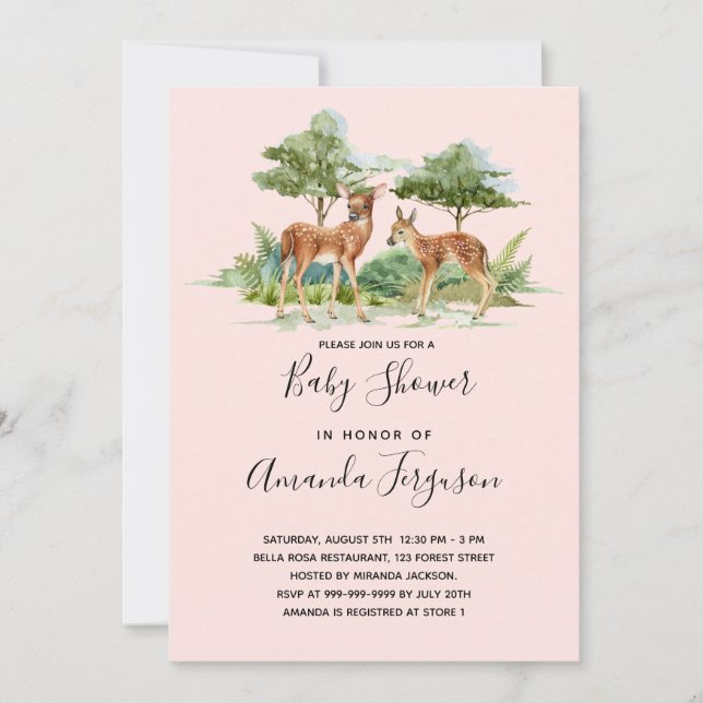 Trädgårdsdjur för baby shower skog blush hjort inbjudningar (Framsida)